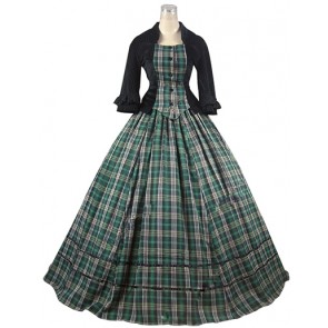 Elegant Classical Gothic U Neck Ruffles Lace Plaid Patchwork Ball Gown Prom Dress 