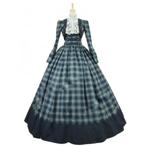 Gorgeous Herrlich Retro Long Sleeves Turtle Neck Plaid Patchwork Lace Ball Gown Prom Dress 