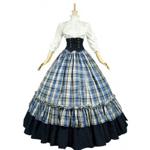 Gothic Lolita Gorgeous Herrlich Floral Turtle Neck Plaid Patchwork Layered Ball Gown Dress