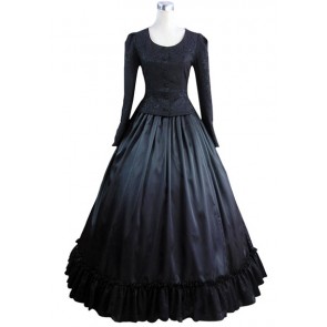 Civil War Victorian Retro Brocaded Ball Gown Black Top Lace Dress 